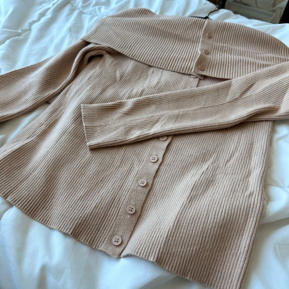 Women's Off-Shoulder Ribbed Sweater - Tan - Picture 2 of 3